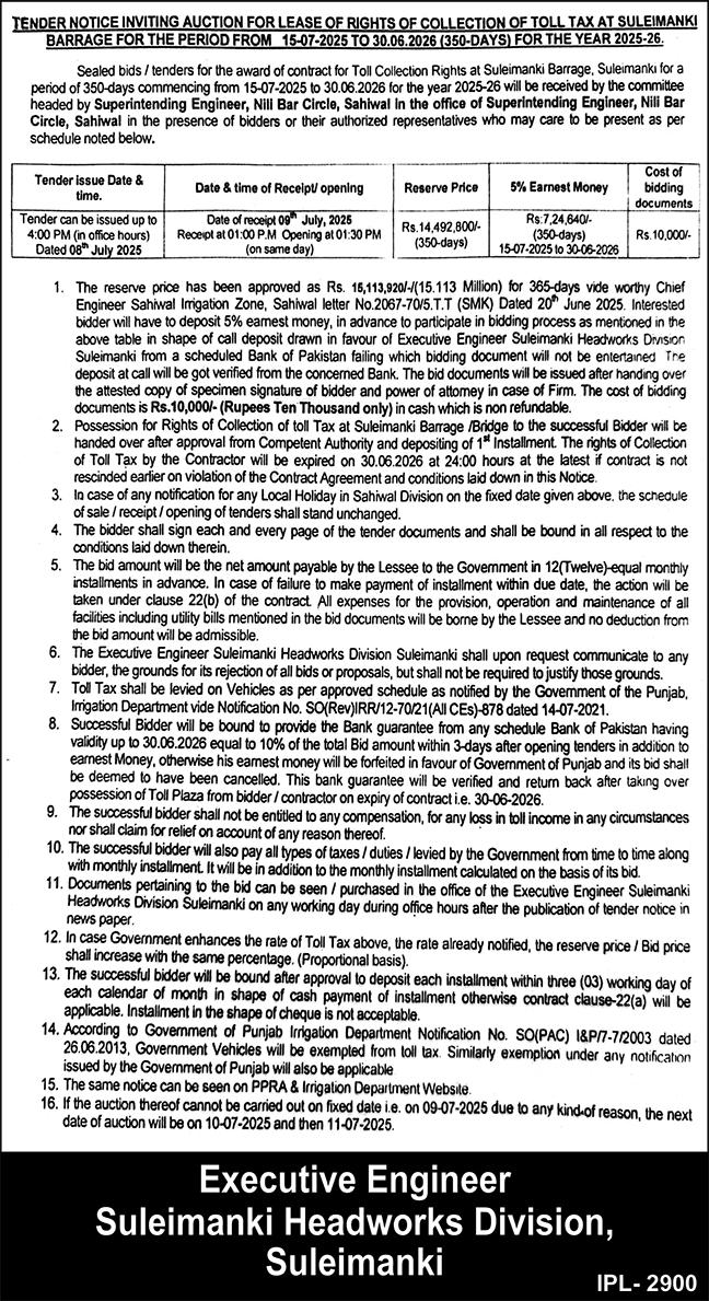 Suleimanki Headworks Division Suleimanki Tender Notice